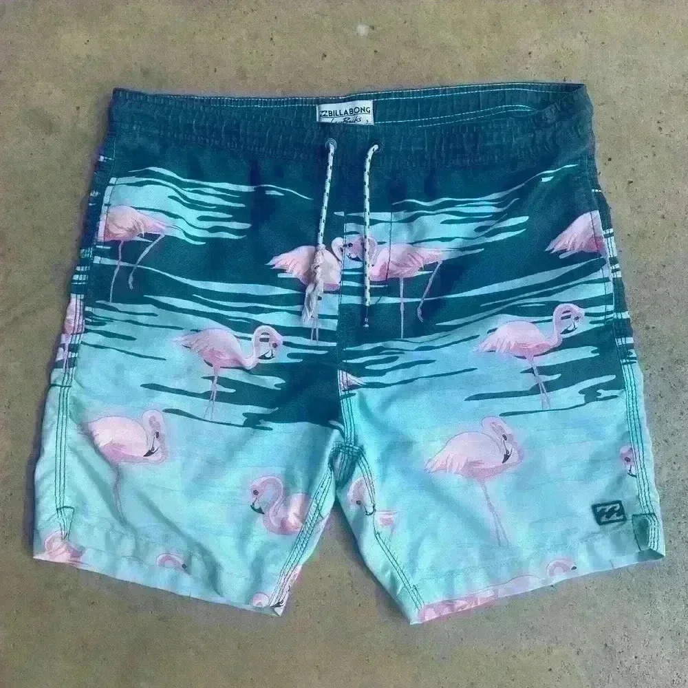 BILLABONG Laybacks Swim Trunks Pink Flamingo Tropical Motif Sz Small